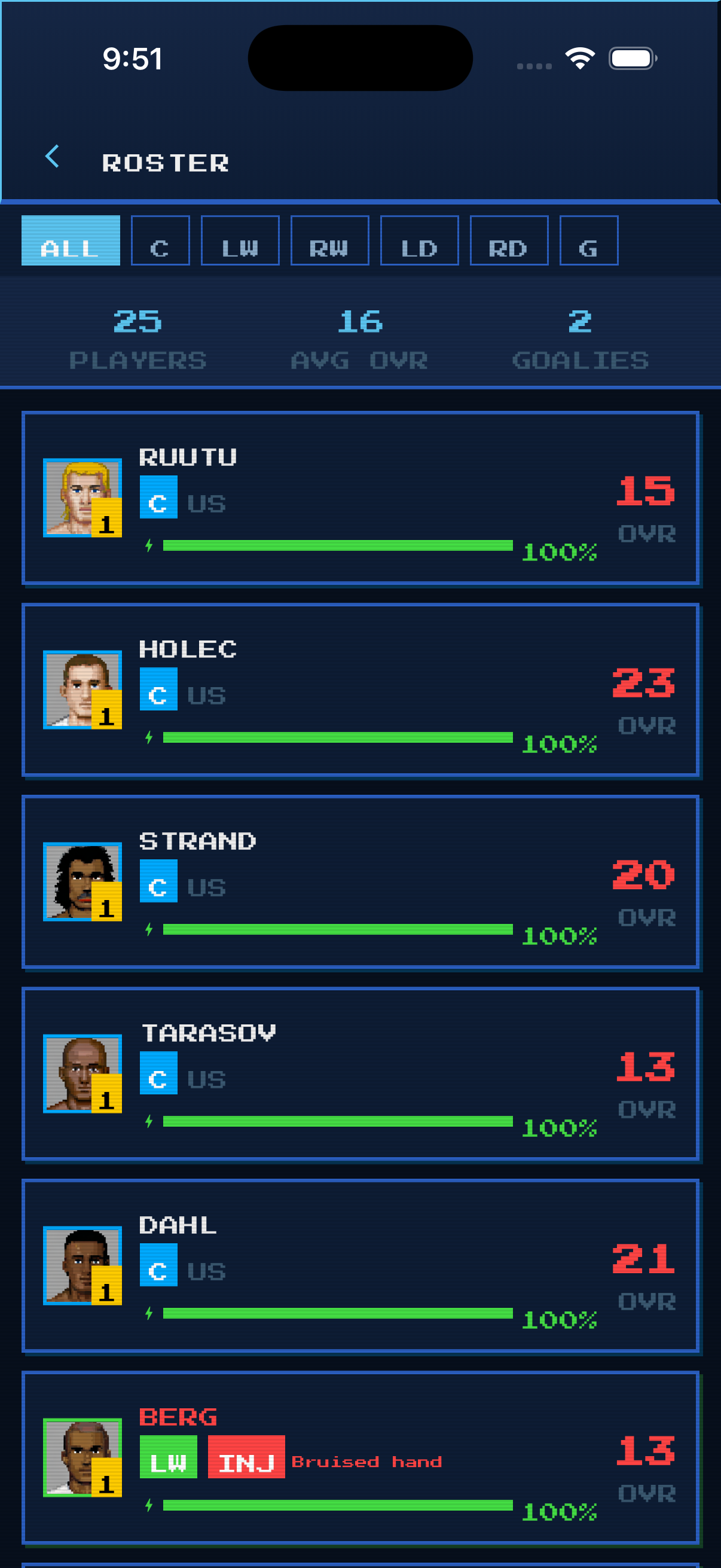 Team Roster screen