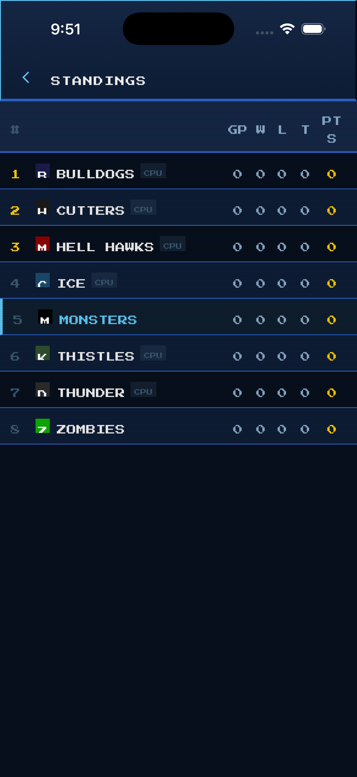 League Standings screen